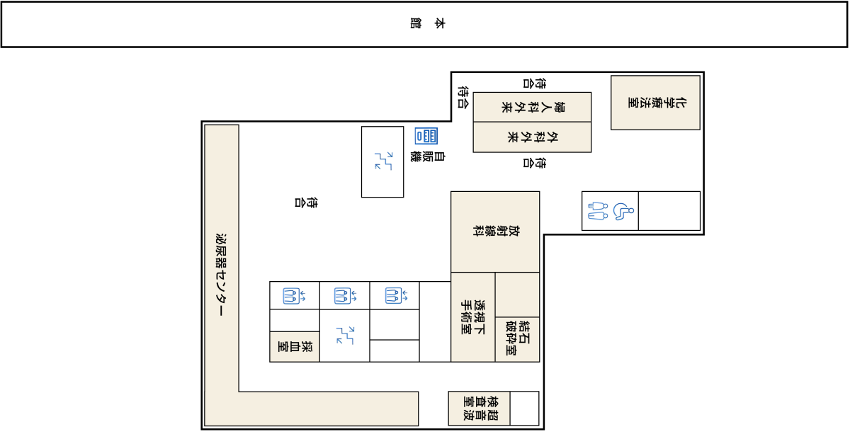 東館2階マップ：「泌尿器センター・外科外来・婦人科外来」があります。「放射線科」「超音波検査室」「採血室」があります。 その他「自動精算機」「待合ホール」「階段とエレベーター」「トイレ」「自販機」があります。