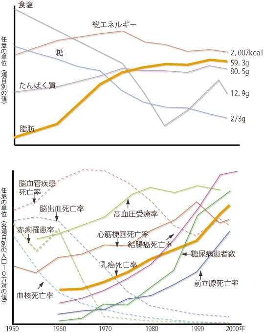 日本人の栄養摂取量（上）と、主な疾患の経年変化