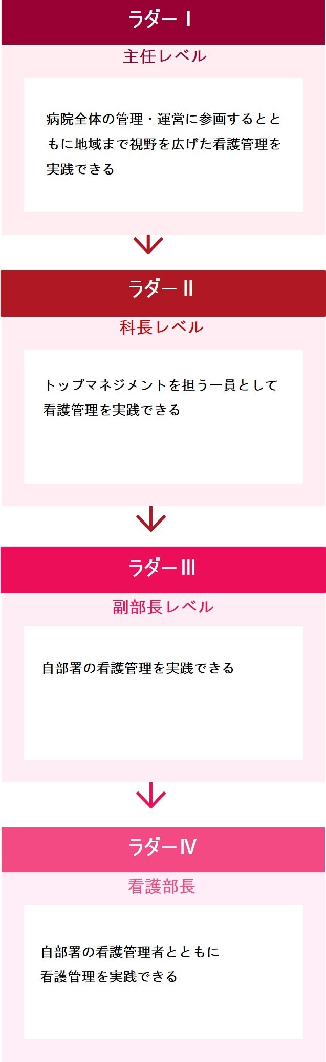 図：キャリア開発ラダーのステップを表した図。ラダー1、主任レベル。自部署の看護管理者とともに看護管理を実践できる。ラダー2、科長レベル。自部署の看護管理を実践できる。ラダー3、副部長レベル。トップマネジメントを担う一員として看護管理を実践できる。ラダー4、看護部長。病院全体の管理・運営に参画するとともに地域まで視野を 広げた看護管理を実践できる。