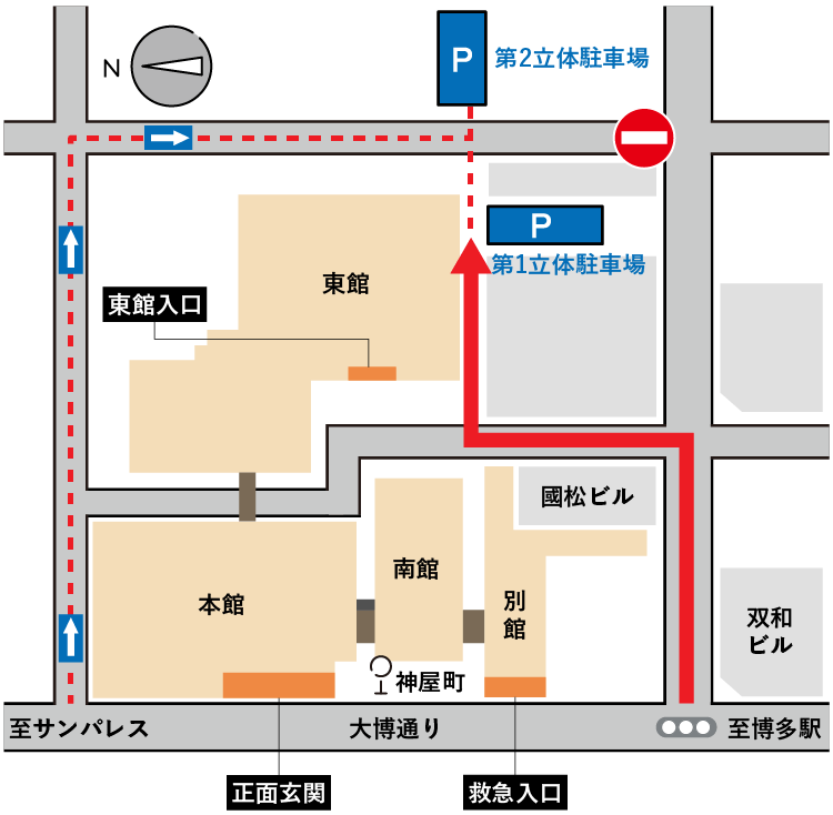図：マイカーでのアクセスの際の駐車場のご案内。第一立体駐車場と第二立体駐車場の場所が表されている。アクセスに関しては2通り記載しており、大博通りから本館北側の道から入る場合は一方通行の道になるため、交通規制に注意してお越しください。別館南側の双和ビル側からお越しの場合は第二立体駐車場の前が進入禁止になるため、國松ビルの横を曲がって各駐車場までお越しください。