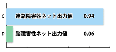 図：迷路障害性ネット出力値と脳障害性ネット出力値のグラフ。迷路障害性ネット出力値が0.94、脳障害性ネット出力値が0.06となっている。