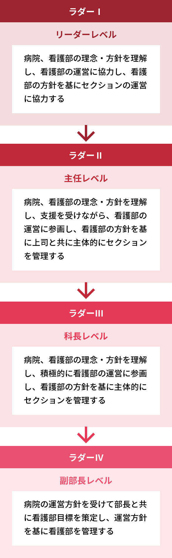 図：キャリア開発ラダーのステップを表した図。ラダー1、リーダーレベル。病院、看護部の理念、方針を理解し、看護部の運営に協力し、看護部の運営に協力し、看護部の方針を基にセクションの運営に協力する。ラダー2、主任レベル。病院、看護部の理念、方針を理解し、支援を受けながら、看護部の運営に参画し、看護部の方針を基に上司と共に主体的にセクションを管理する。ラダー3、科長レベル。病院、看護部の理念、方針を理解し、積極的に看護部の運営に参画し、看護部の方針を基に主体的にセクションを管理する。ラダー4、副部長レベル。病院の運営方針を受けて部長と共に看護部目標を策定し、運営方針を基に看護部を管理する。
